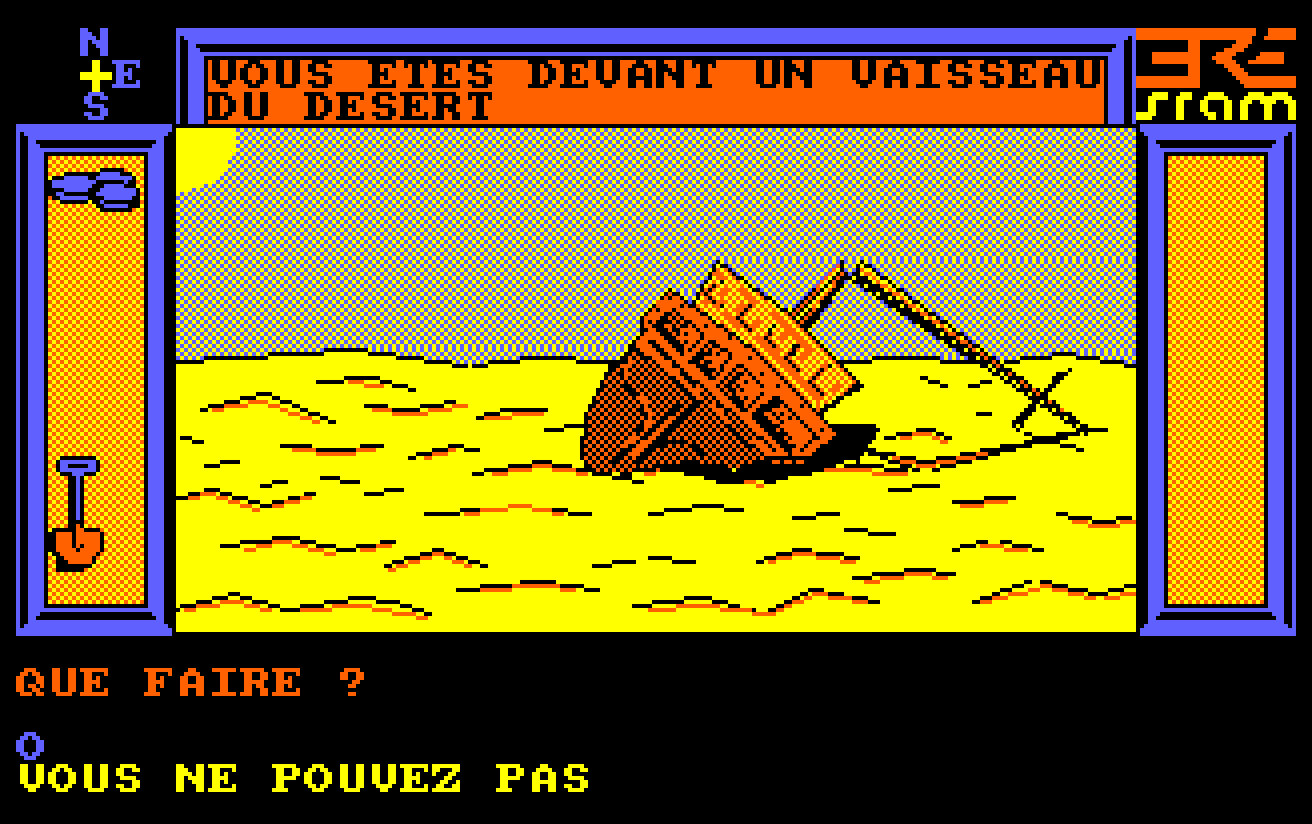 Interface d'origine dans l'émulateur MAME : le vaisseau du désert, la boussole et la ligne QUE FAIRE ?