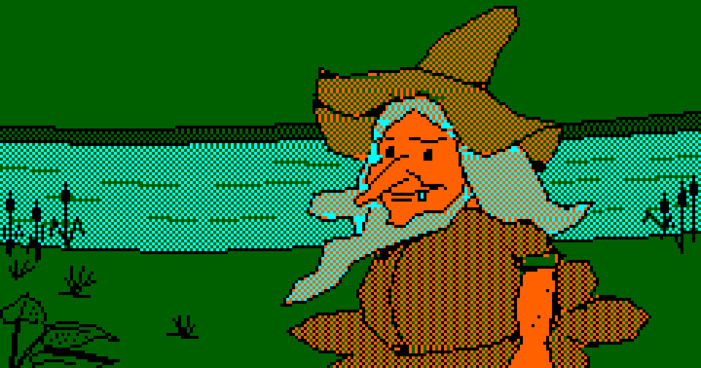 Le vieux lutin au chapeau pointu, au bord de la rivière : écran Amstrad CPC de 1986