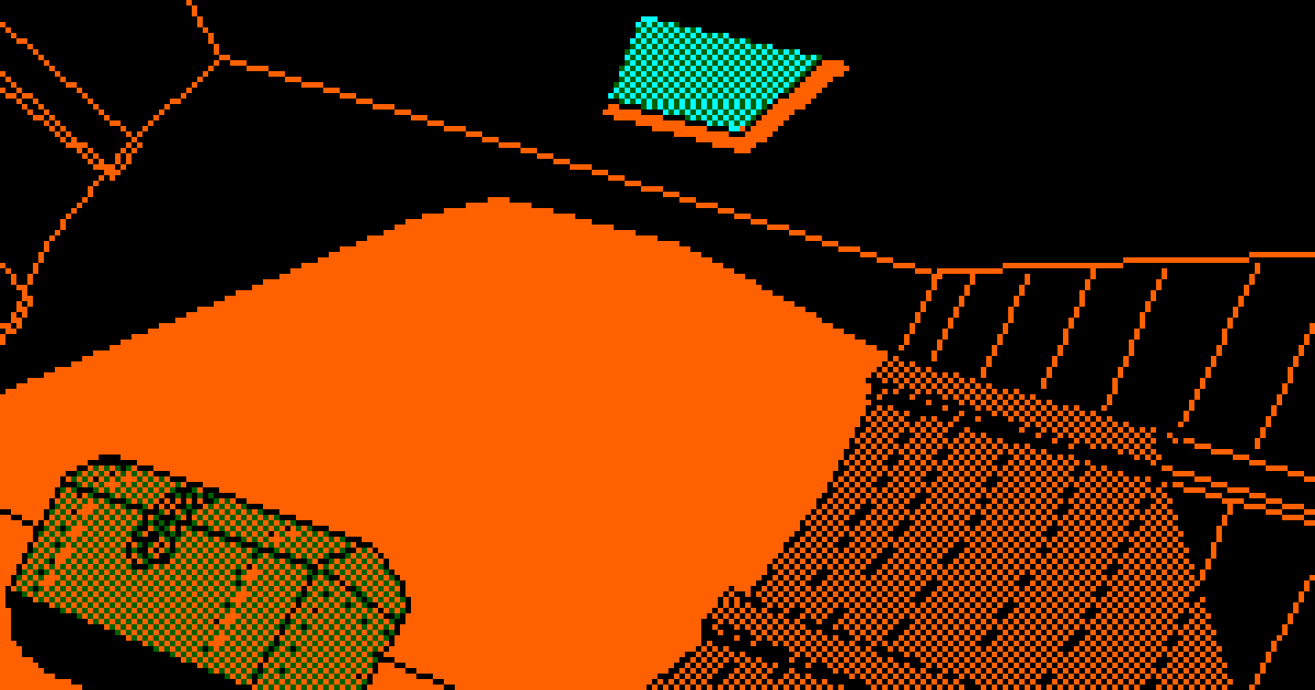 Soute du vaisseau, un coffre et un escalier : écran Amstrad CPC de 1986