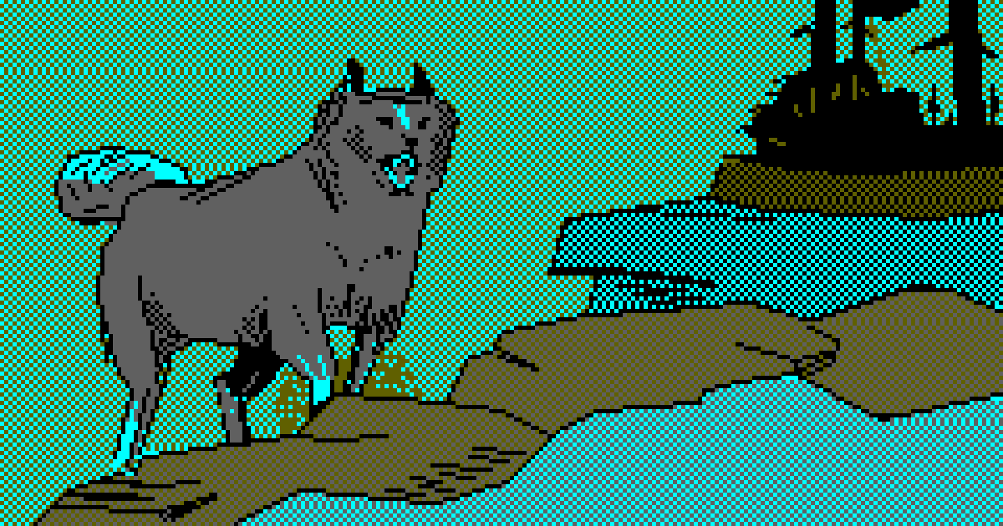 Loup debout sur un rocher au bord de l'eau : écran Amstrad CPC de 1986