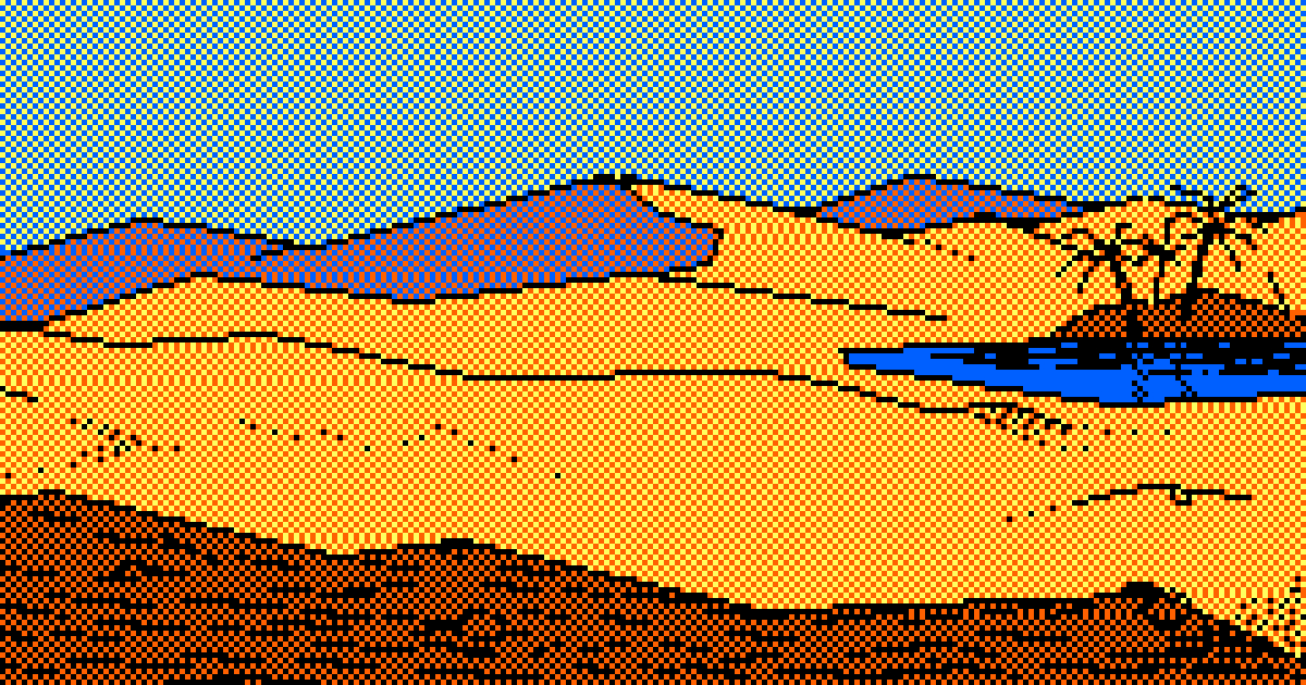 Dunes et oasis avec palmiers : écran Amstrad CPC de 1986