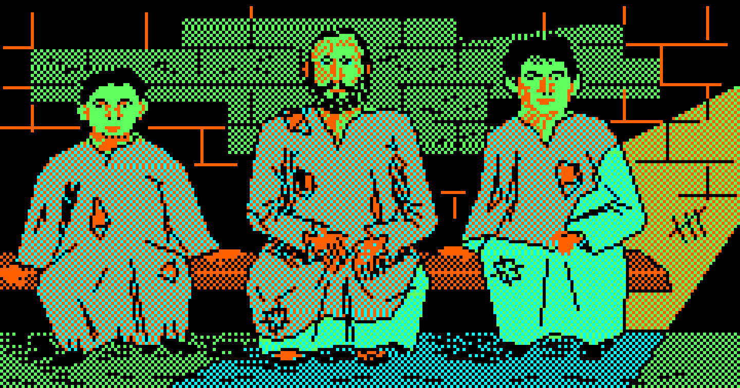 Trois prisonniers assis dans une cellule aux murs de brique : écran Amstrad CPC de 1986, sans version photo