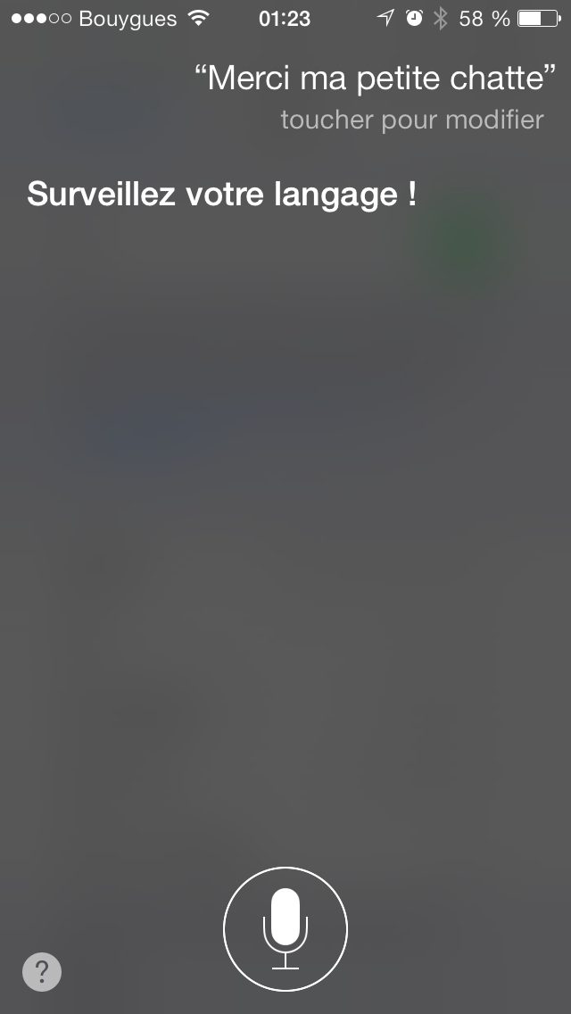 Capture Siri 2013 : question « Merci ma petite chatte », reponse « Surveillez votre langage !… »