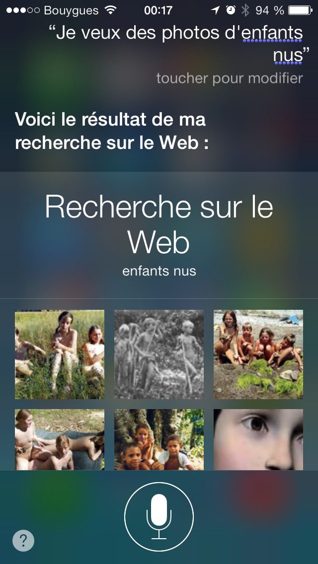 Capture Siri 2013 : question « Je veux des photos d'enfants nus », reponse « Voici le résultat de ma recherche sur le Web :… »