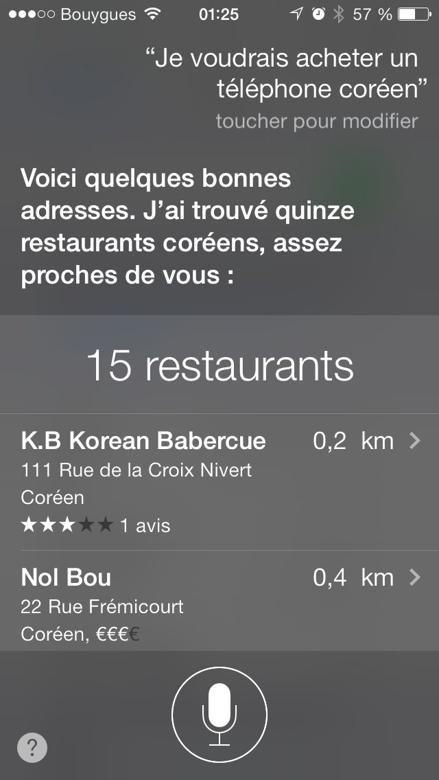 Capture Siri 2013 : question « Je voudrais acheter un téléphone coréen », reponse « Voici quelques bonnes adresses. J'ai trouvé quinze restauran… »