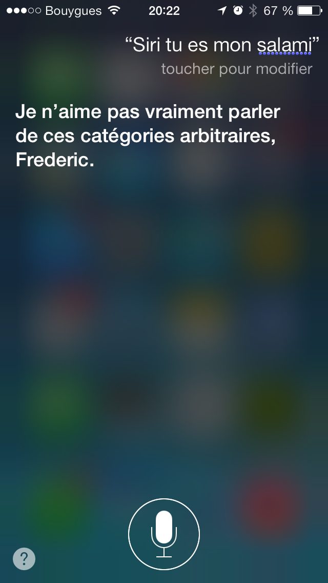 Capture Siri 2013 : question « Siri tu es mon salami », reponse « Je n'aime pas vraiment parler de ces catégories arbitraires,… »