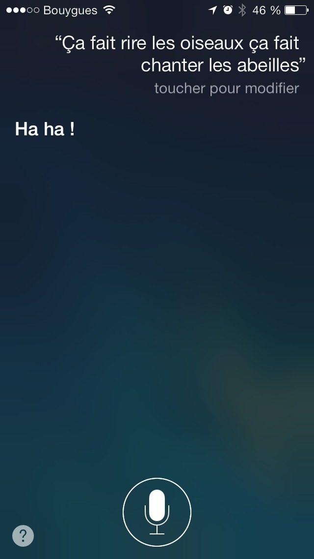 Capture Siri 2013 : question « Ça fait rire les oiseaux ça fait chanter les abeilles », reponse « Ha ha !… »