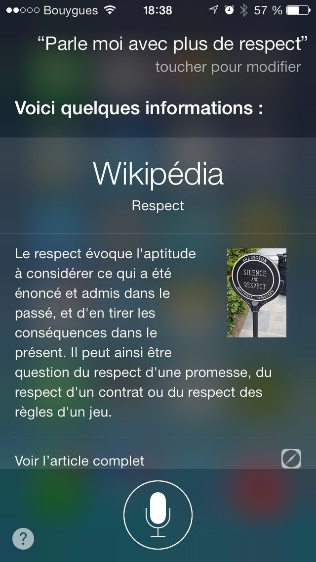 Capture Siri 2013 : question « Parle moi avec plus de respect », reponse « Voici quelques informations :… »