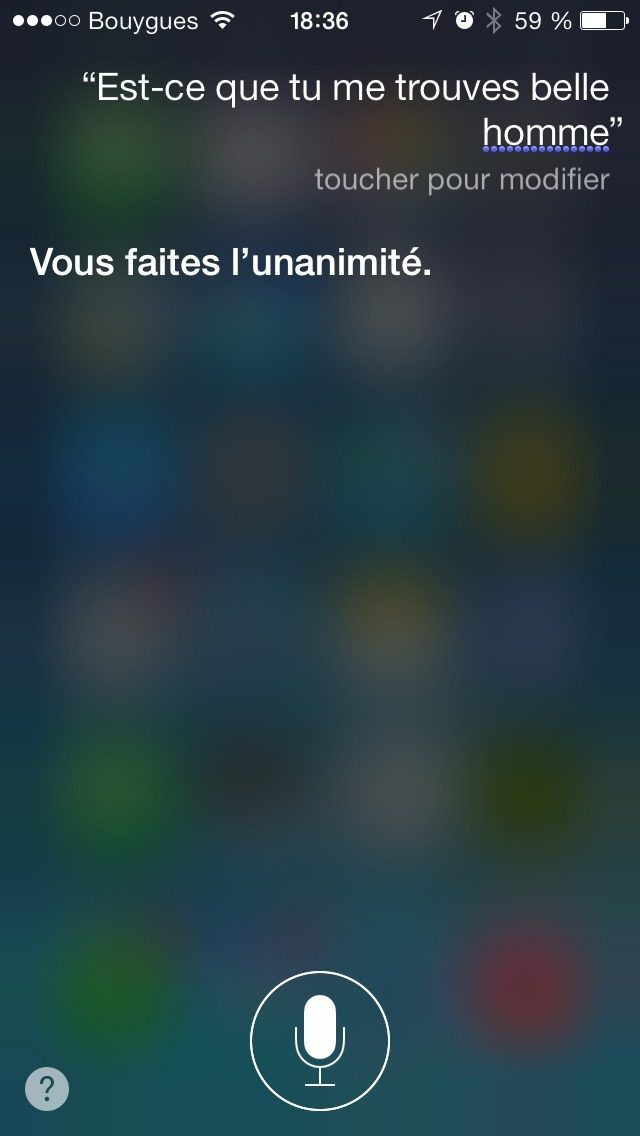 Capture Siri 2013 : question « Est-ce que tu me trouves belle homme », reponse « Vous faites l'unanimité.… »