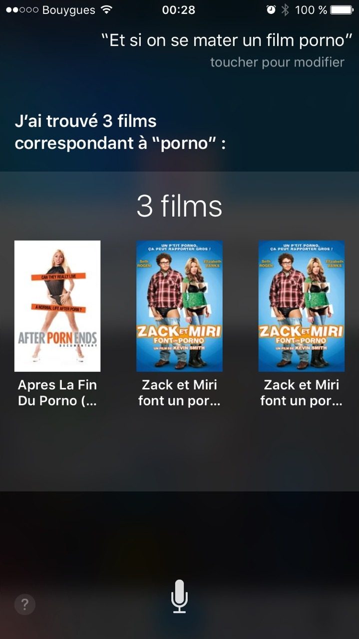 Capture Siri 2015 : question « Et si on se mater un film porno », reponse « J'ai trouvé 3 films correspondant à "porno":… »
